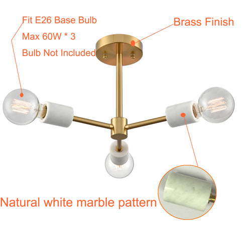 Brass Ceiling Light Semi Flush Mount Fixture 3-Light Sputnik Ceiling Lighting